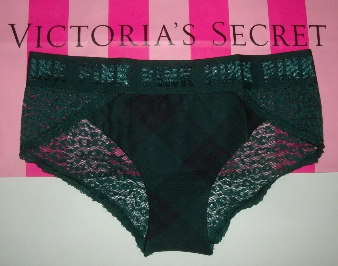 NEW VICTORIA'S SECRET PINK LOGO LACE BACK HIPSTER PANTY GREEN PLAID SIZE S