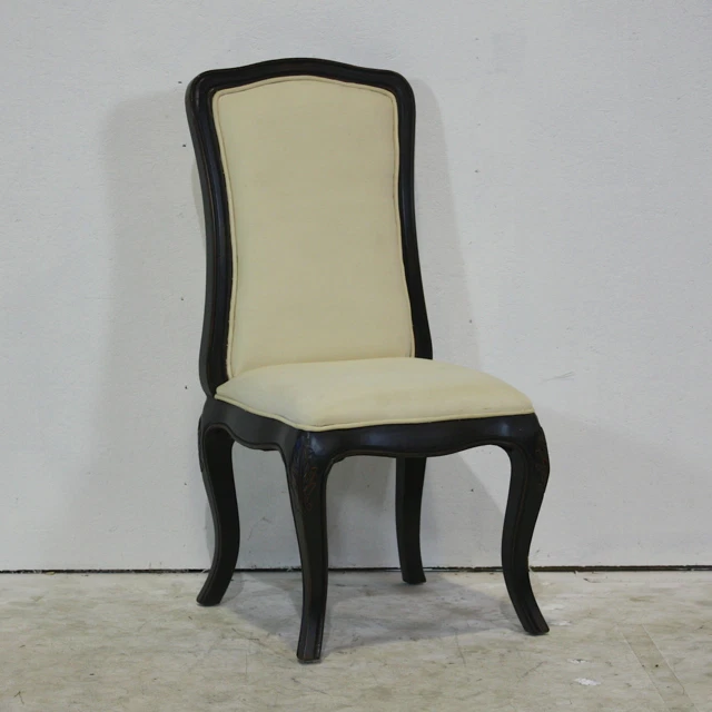 Set of 4 high back French Provincial oak chairs antiqued black off white fabric - Image 2 of 4