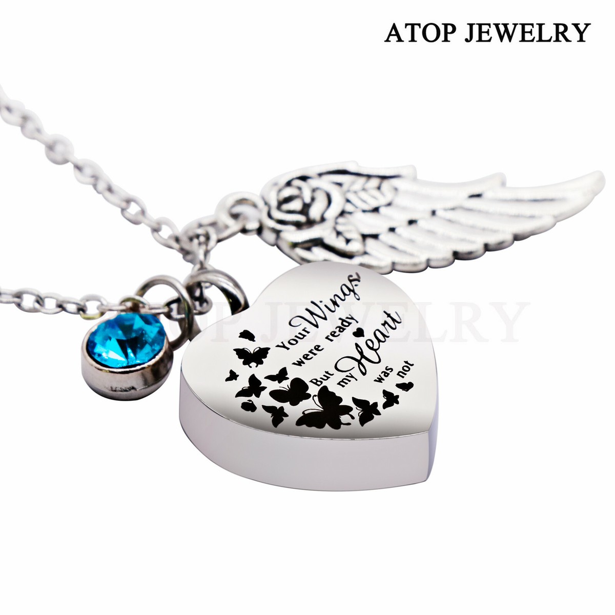 Stainless Steel Cremation Urn Necklace - Heart Pendant With 12 Birthstones & Funnel Kit