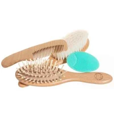 Baby Hair Brush and Comb Set for Newborn –Wooden Baby Brush, 4 Pack