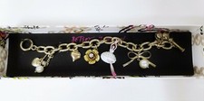 BETSEY JOHNSON PALE GOLD CHAIN ROPE,GOLD PAVE ROSE,HEART,BOW,BALLERINA BRACELET