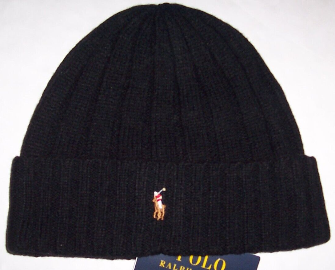 Cappello berretto Polo Ralph Lauren nero tinta unita LOGO PONY COLORATO misto lana nuovo con etichette MORBIDO