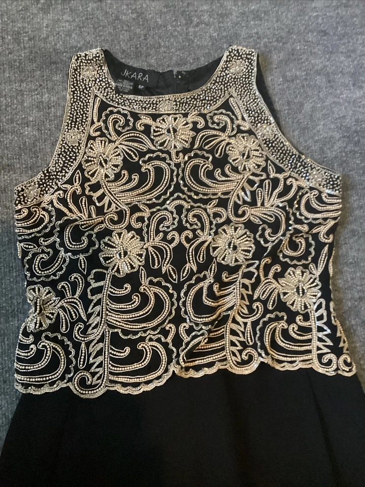 Vestido JKara 6 Pequeño Negro Vestido Floral Cuentas Lentejuelas Forrado Bordado Boda Foto 2 de 4