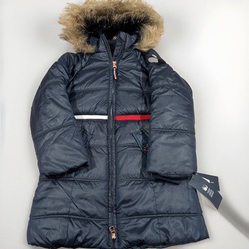 Tommy Hilfiger Girls Navy Long Faux Fur Trim Zip Hooded Puffer Jacket NWT 5/6 - Picture 4 of 6