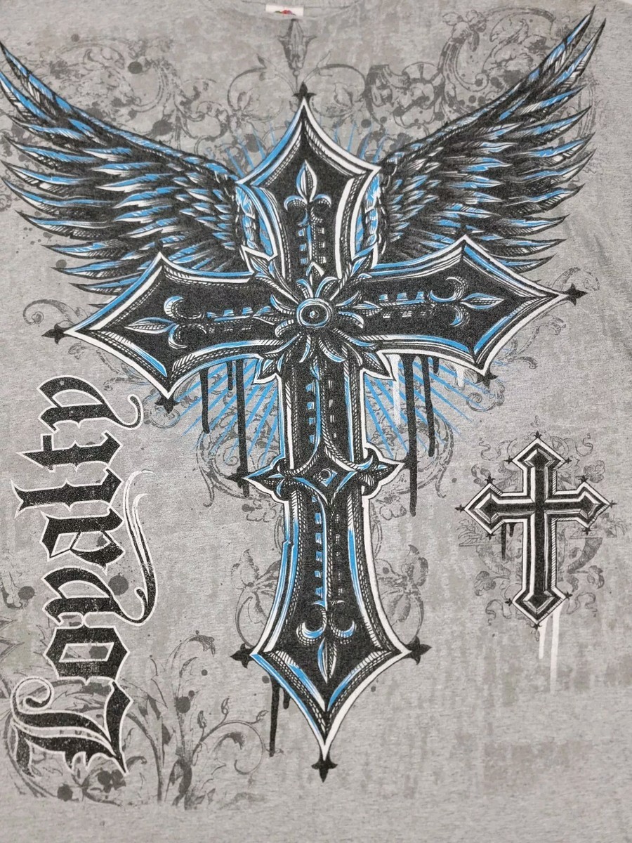 FOTL VTG Gray Blue Shirt Mens Size XXL 2XL Cross Wings