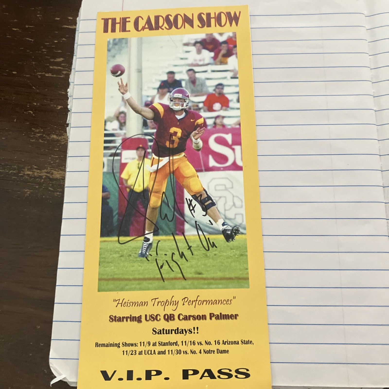 Carson Palmer Autographed Signed EXTREMELY RARE VIP PASS BY AT USC 