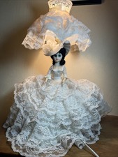 Vintage Doll Table Lamp Victorian Cream Ruffle Dress Hat Creepy Doll WORKS 24
