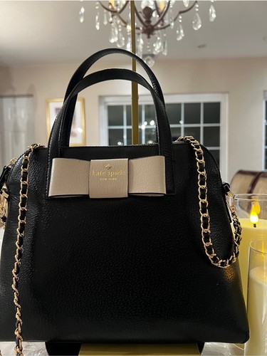 Kate Spade New York Black Leather Satchel Cream Bow Gold Hardware Handbag