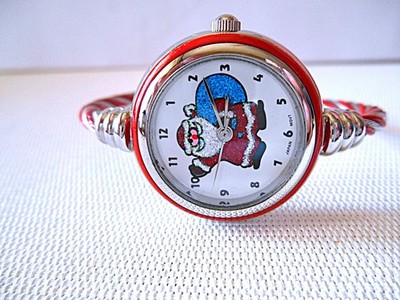 Silvertone & Red Multi-color Santa Claus Wrap Around Watch - New Battery