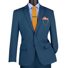 VINCI Men's Teal Blue Super Stretch Slim-Fit Suit w/ Flex Waistband - NEW