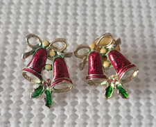 Gold Tone Red Green Enamel Christmas Bells Holly Pierced Post Stud Earrings