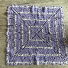 Hand Knitted Baby Blanket. 30 X 30. Purple Light, Green, Pink And White.