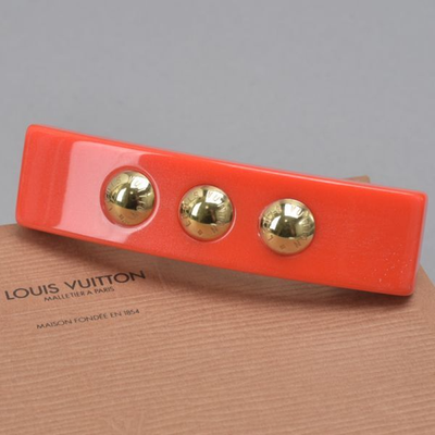 Louis Vuitton 3 Studded Barrette Hair Clip Plastic Resin Red Gold