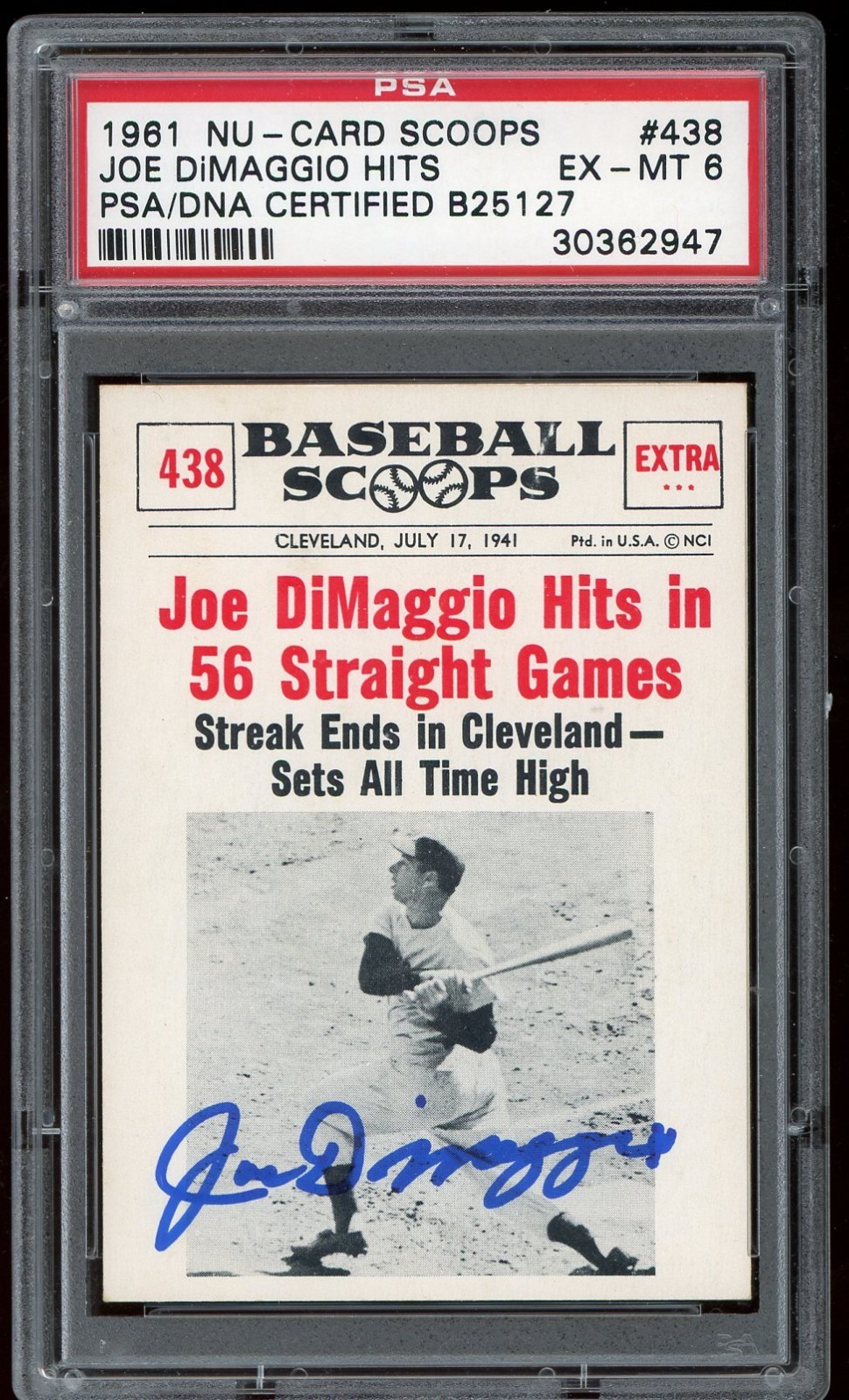 Joe DiMaggio Autographed Signed New York Yankees 1961 Nu Card Scoop #438 56 Straight Games Auto PSA/DNA 