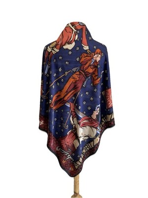 JOOP! St Moritz Winter Festival Silk Scarf Ski Theme Blue Square Designer #A11
