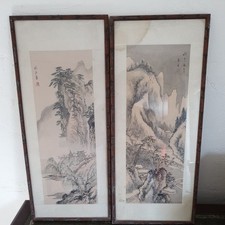 2 dipinti vintage paesaggio cinese firmati e cornice in legno 