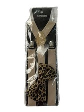 Leopard Print Adjustable Clip On Bow Tie Tan Adjustable Suspenders Combo-New