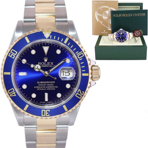 MINT 2004 Rolex Submariner 16613 Gold Steel Two Tone Gold Buckle Sunburst Blue