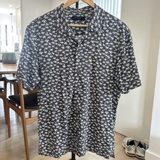 AllSaints Men's Short Sleeve Button-Up Palm Tree Navy White Shirt Size Large