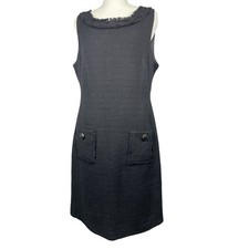 Karl Lagerfeld Paris Dress Women 12 Black Tweed Sheath Fringe Trim Pocket