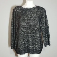 NWT Halogen Black Ivory Lurex Crewneck Fuzzy Sweater size large
