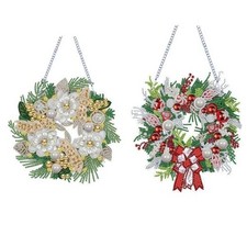 2Pcs 5D DIY Christmas Wreath Diamond Art Painting Kits Window Hanging Ornament
