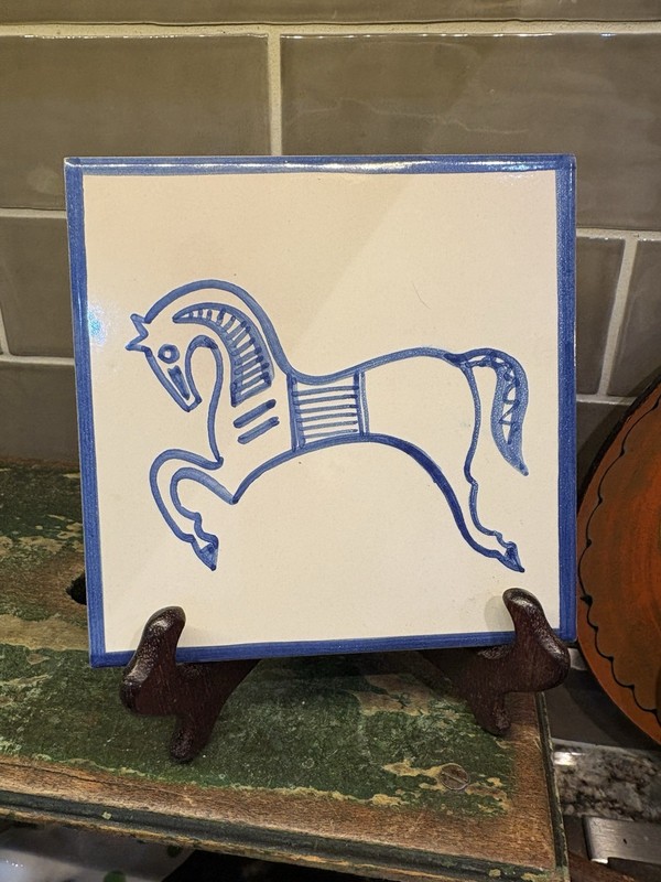 Vtg Spainish Tile Tirana District Cobalt Blue Galloping Horse 6” Wall Hanging