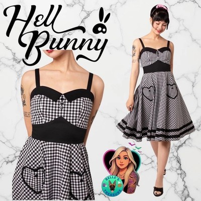Hell Bunny Womens Medium Vixen Gingham Heart Pocket Rockabilly Swing Dress Black