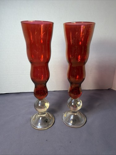 Bombay Glass Made in Poland Red Crystal Iridescent Champagne Flutes/Vases (2)