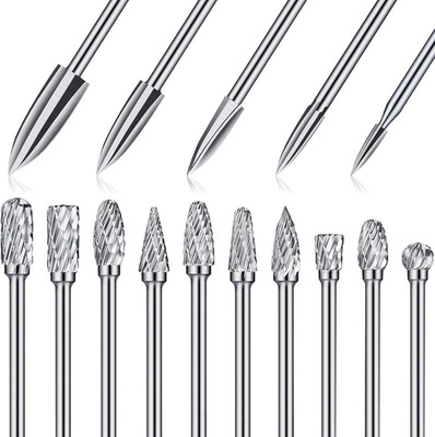 15 Pcs Wood Carving Drill Bits Carbide Rotary Burr Set 5 Woodworking Tools 3-8Mm