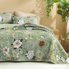 Floral Green Quilt California King Size - 3 Pieces Cal King Sage Botanical Birds