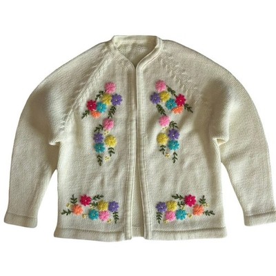 Vintage Hand Knit Floral Cardigan Embroidered Flowers Cottagecore S