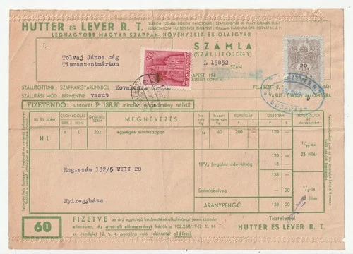 Hungary 30f stp+20f revenue stp SZAMLA SZALLITOJEGY form Budapest 13/9/1943
