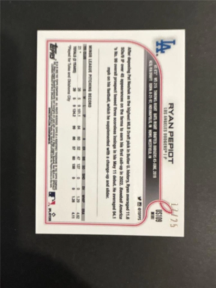 2022 Topps Mini Pink Parallel #US109 Ryan Pepiot RC Dodgers 17/25 - Image 2 of 2