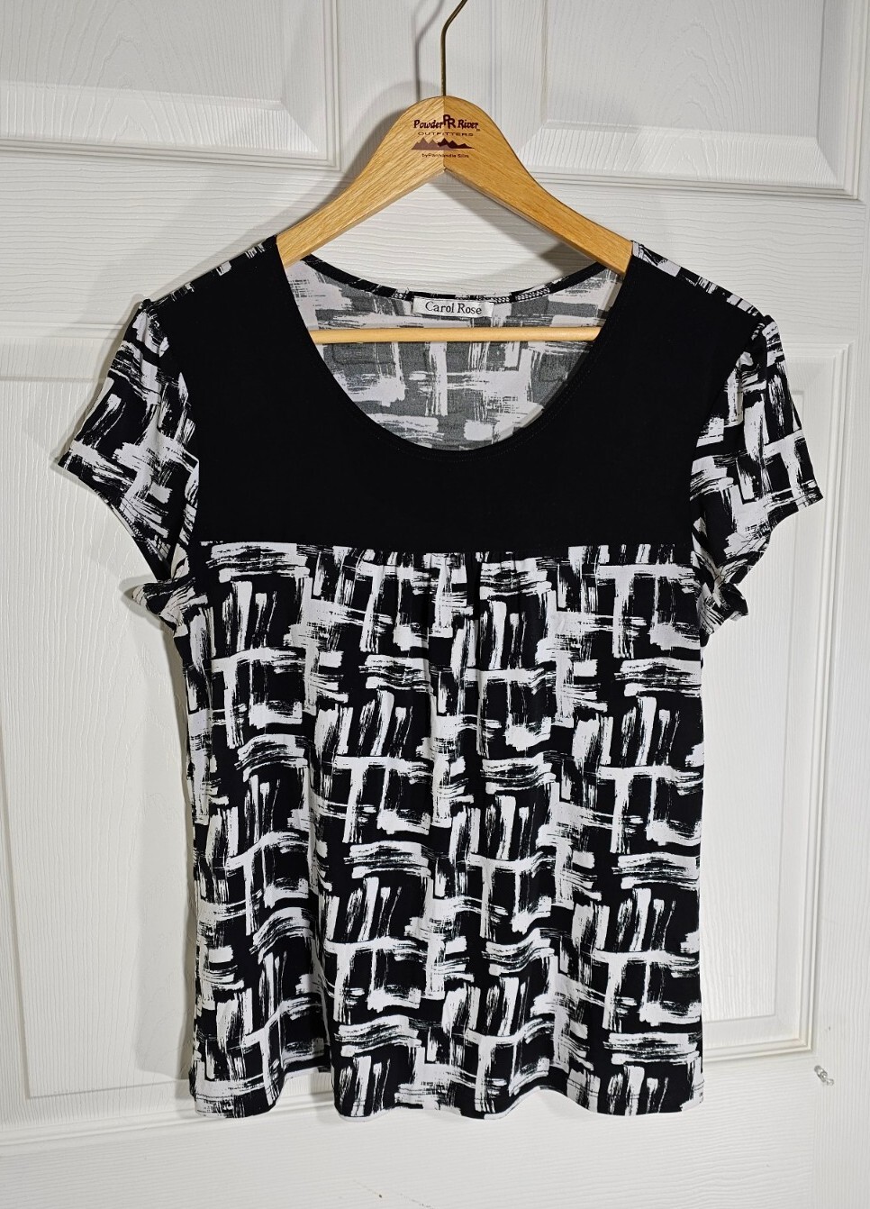 Carol Rose Blouse Top Womens Size M Black White Medium Short Sleeve Career Shirt