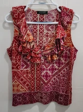 Lauren Ralph Lauren Women's Sleeveless Ruffle V Neck Blouse Top Pink Pattern PL