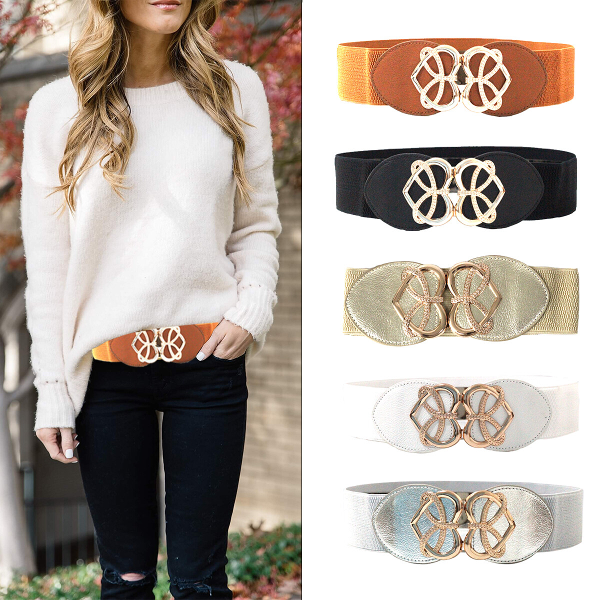 Womens Wide Elastic Stretch Waistband Gold Heart Buckle Adjustable