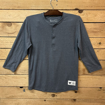 Under Armour Project Rock Shirt Mens S Gray Henley 3/4 Sleeve Dwayne Respect