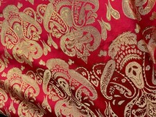 Red  Gold Damask Paisley - Faux Silk Brocade Jacquard Fabric