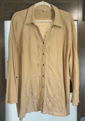 Reba Western Button Down Top Beige With Embroidered Front & Rhinestones Sz 3XL