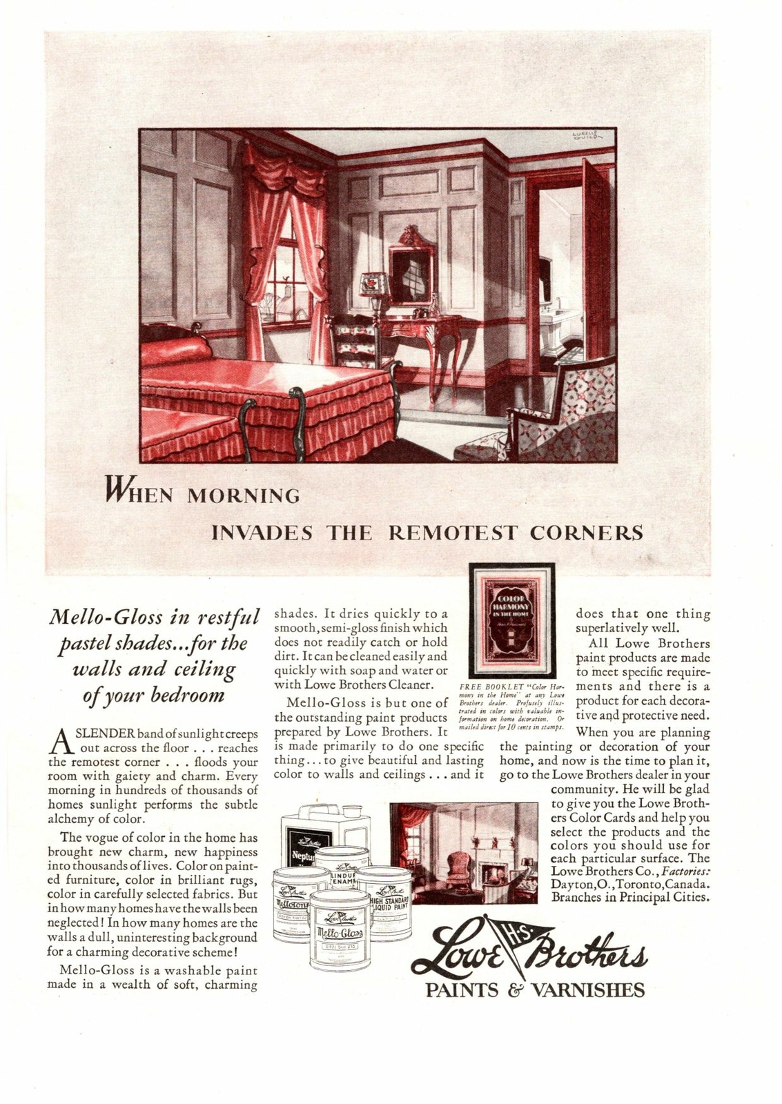 1929 Lowe Brothers Dayton Ohio Paint Varnish Mello-Gloss Pastel Bedroom Print Ad