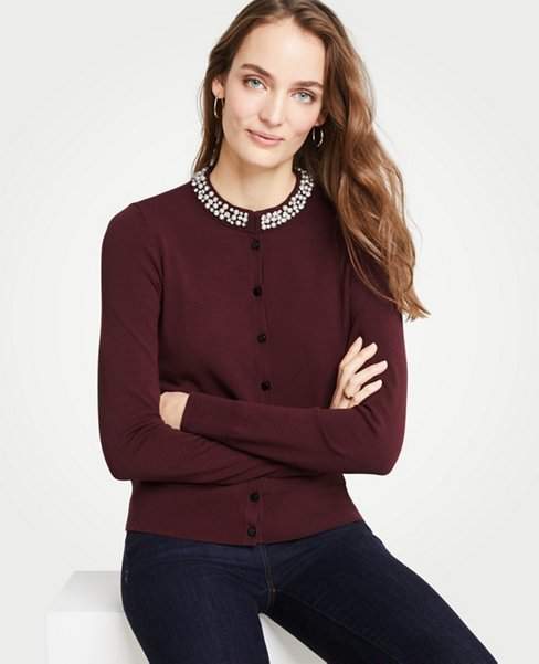 Cardigan Ann Taylor Col Bijou - Couleur Veno, Taille S - Neuf Avec étiquettes - Composition : Rayon, Nylon, Polyamide, Lycra