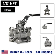 1/2" 3-Piece Full Port Ball Valve, Stainless Steel, FNPT Threaded SS, 1000 WOG