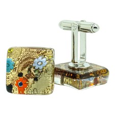 Murano Glas Manschettenkn&ouml;pfe Braun Gold Multi Millefiori Paar Eckig