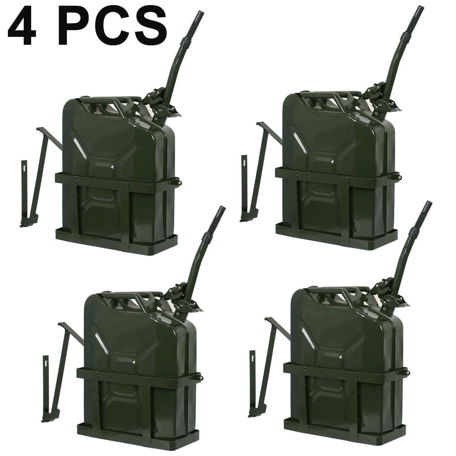 4-Pack 5 Gallon Jerry Cans - Metal Gas Tanks With Spout, Army Green (20L Each)