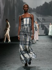 Chanel SS2023 Blue Plaid CC Logo Silk Midi Sk...