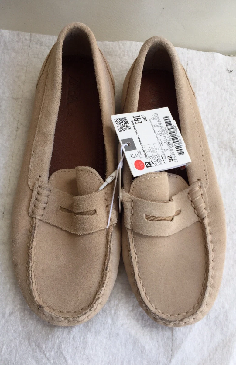 ZARA MOCCASIN Kids SAND BROWN LEATHER WITH DETAIL Size USA 1 O2779