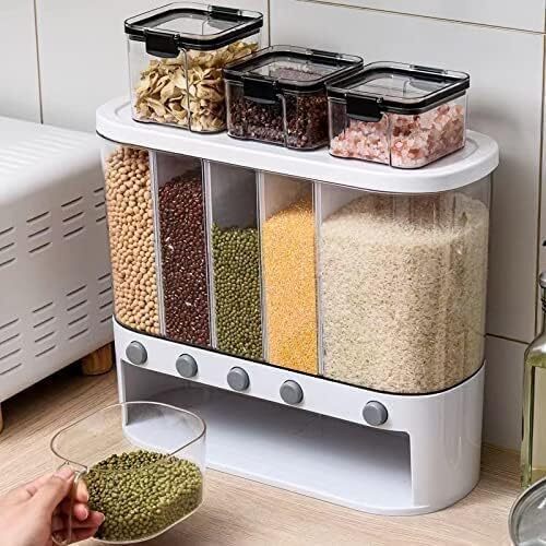 Dry Food Dispenser Wall Mounted 5 Grid Cereal Dispenser Kitchen Rice Dispenser