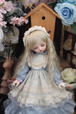 Lolita Fake 2 Piece Dress+Headwear Light Blue for Blythe 1/6 1/4 1/3 BJD Doll DZ