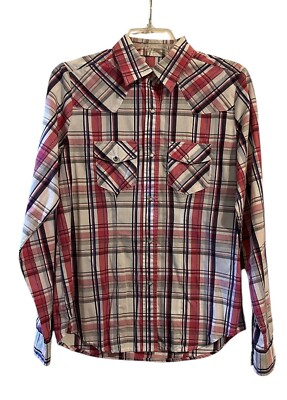 Wired Heart Western Rhinestone Snap Pink White Blue Gray Plaid Women s Medium